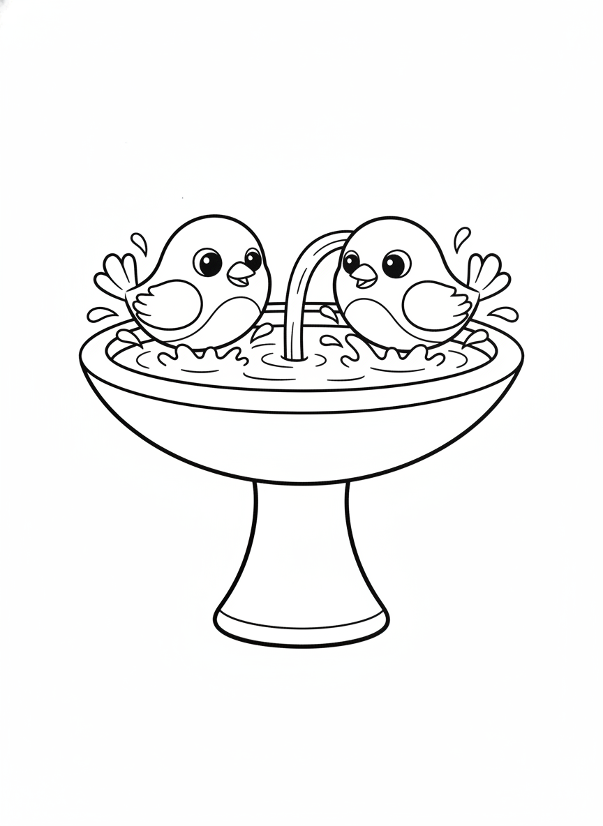 Cute Birds Splashing in a Simple Bird Bath Coloring Page