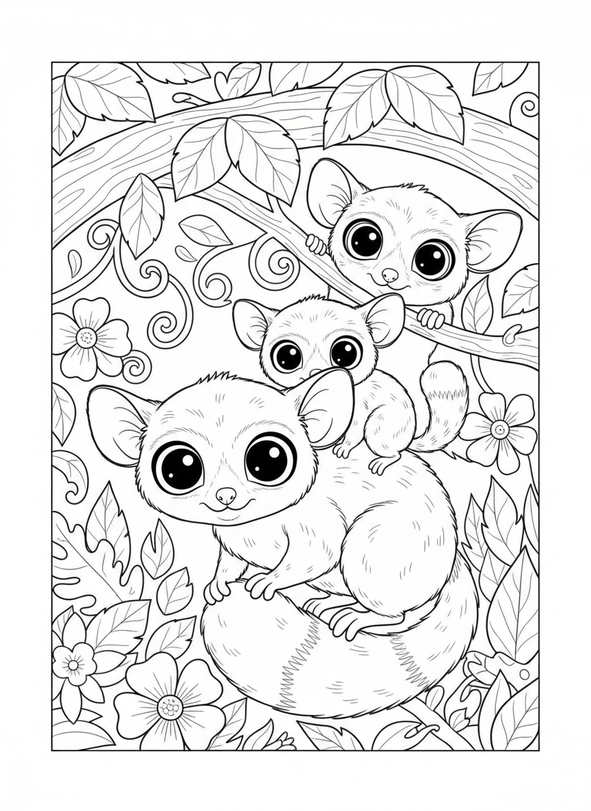 Cute Bushbaby Family Coloring Page for Kids