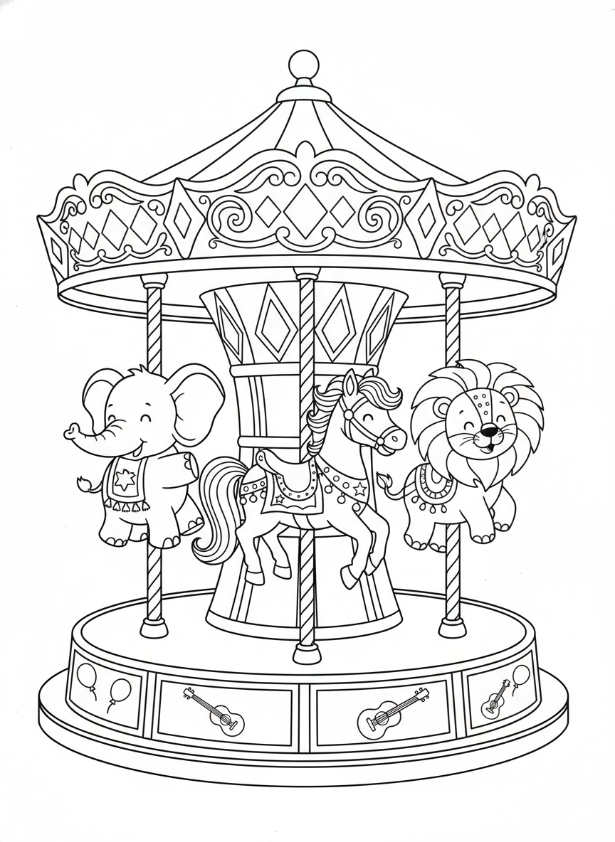Cute Carousel Animals Coloring Page for Kids