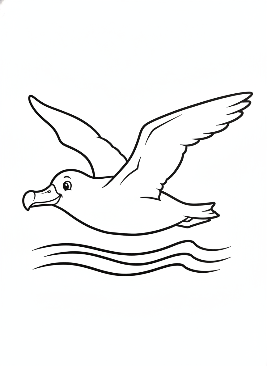 Cute Cartoon Albatross Flying Over Ocean Coloring Page