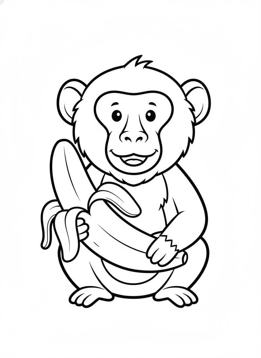 Cute Cartoon Baboon Eating Banana Coloring Page