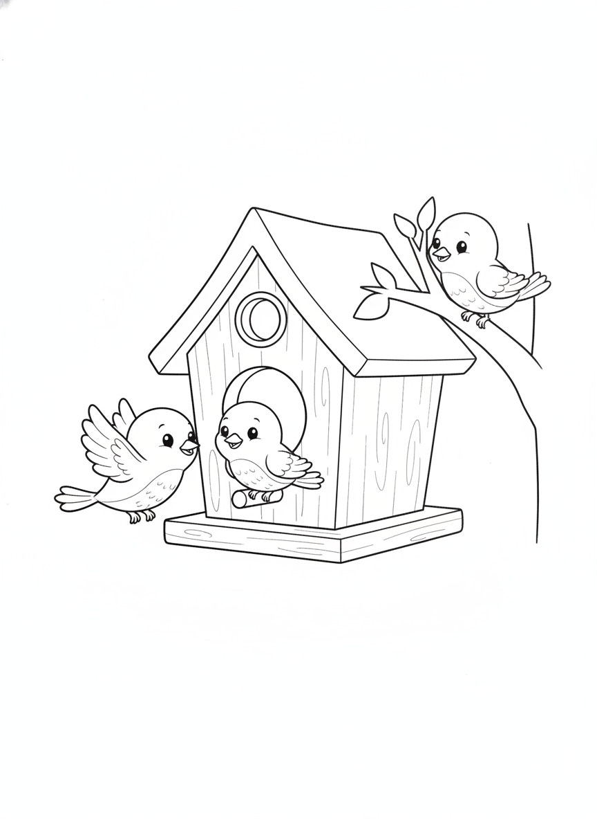 Cute Cartoon Bird Feeder & Friendly Birds Coloring Page for Kids