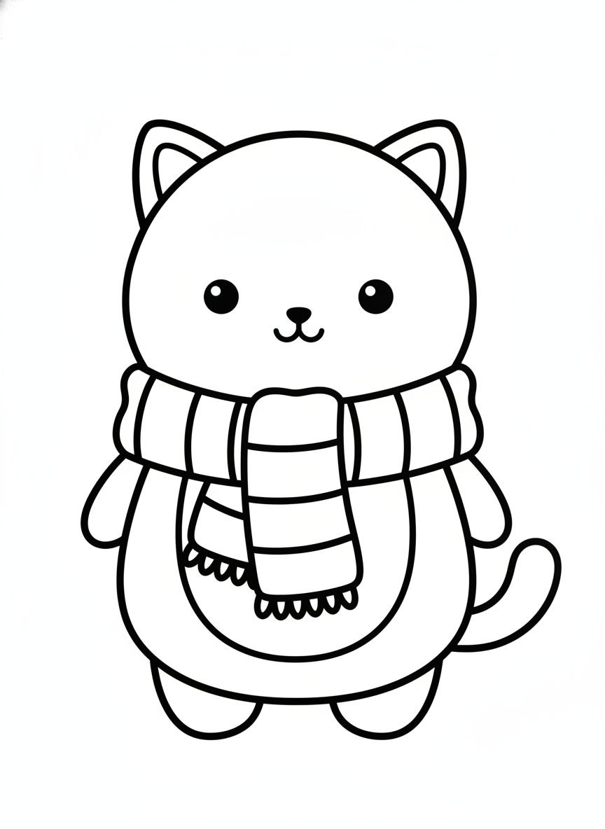 Cute Cartoon Cat with Striped Scarf Coloring Page for Kids