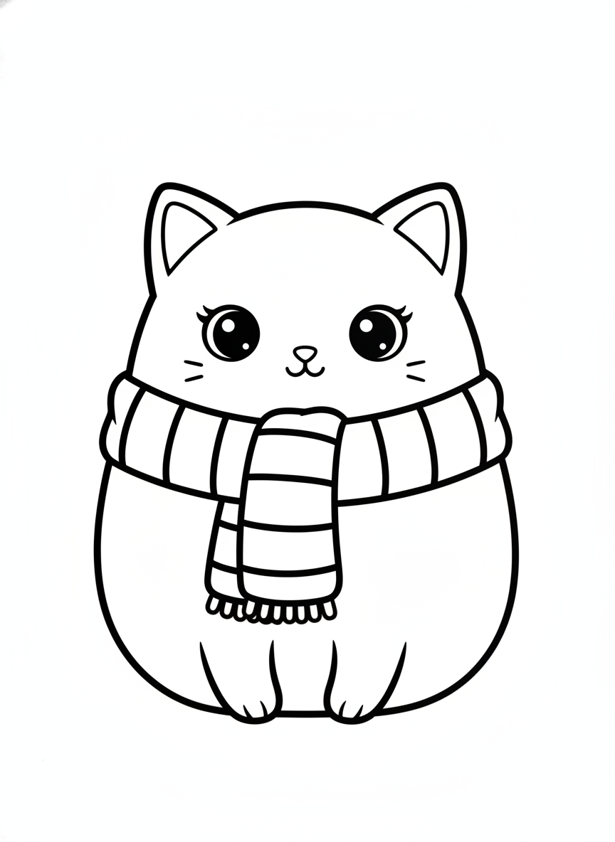 Cute Cartoon Cat with Winter Scarf Coloring Page for Kids