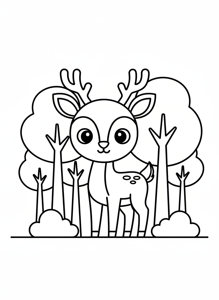 Cute Cartoon Deer in Simple Forest Coloring Page