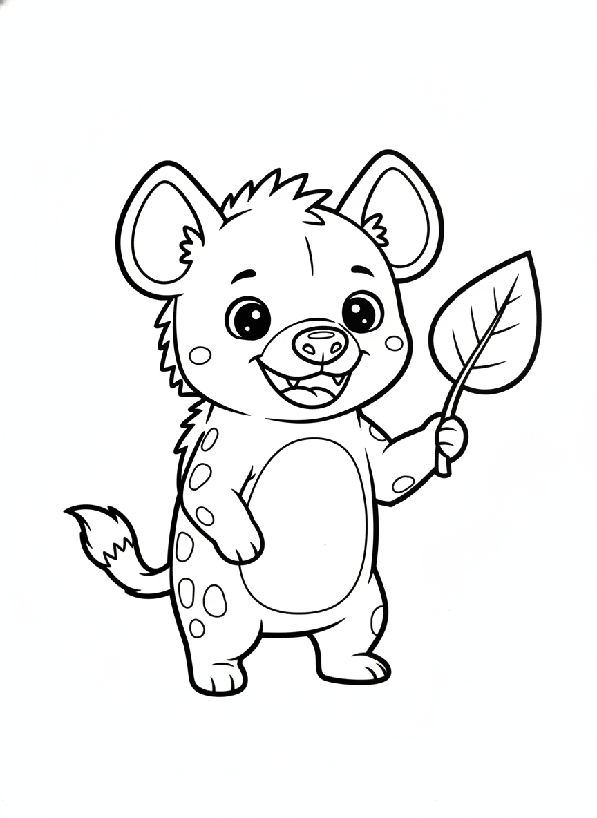 Cute Cartoon Hyena Holding a Leaf Coloring Page for Kids