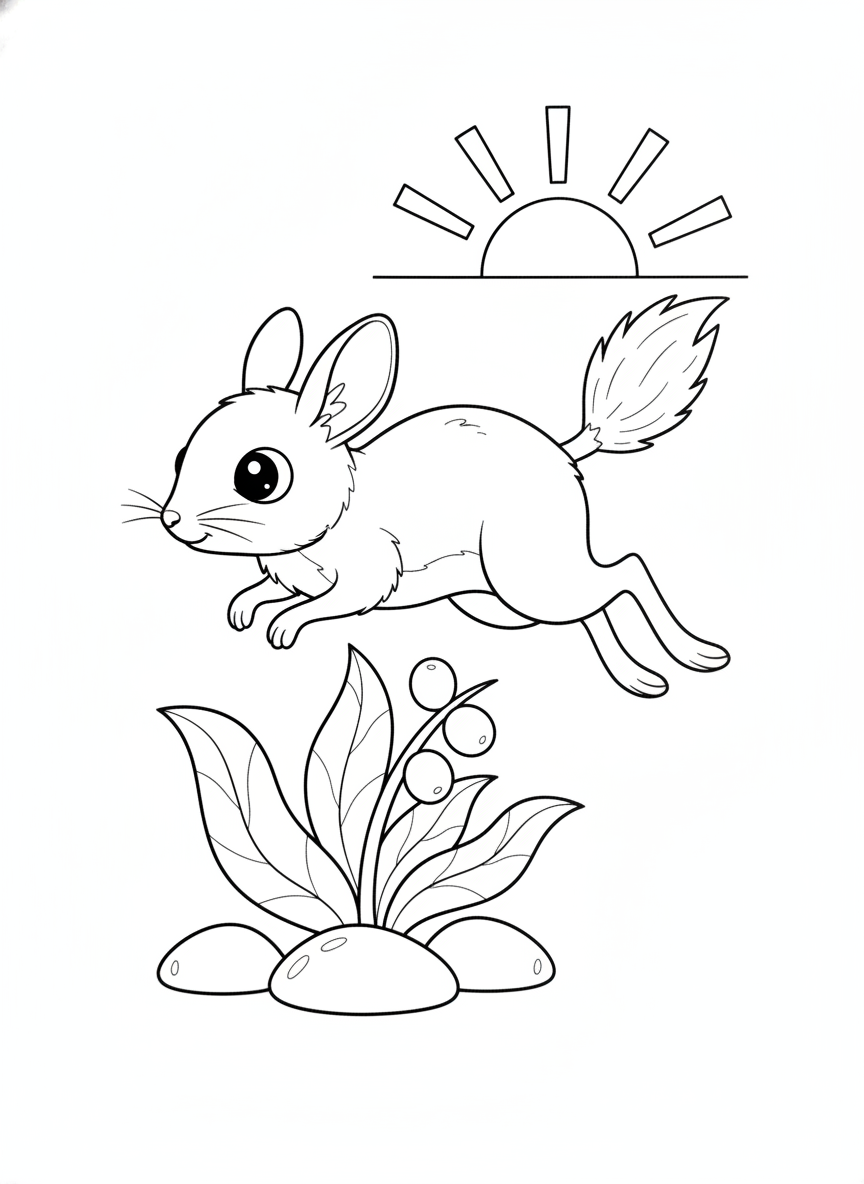 Cute Cartoon Jerboa Leaping in Desert Sunset Coloring Page for Kids