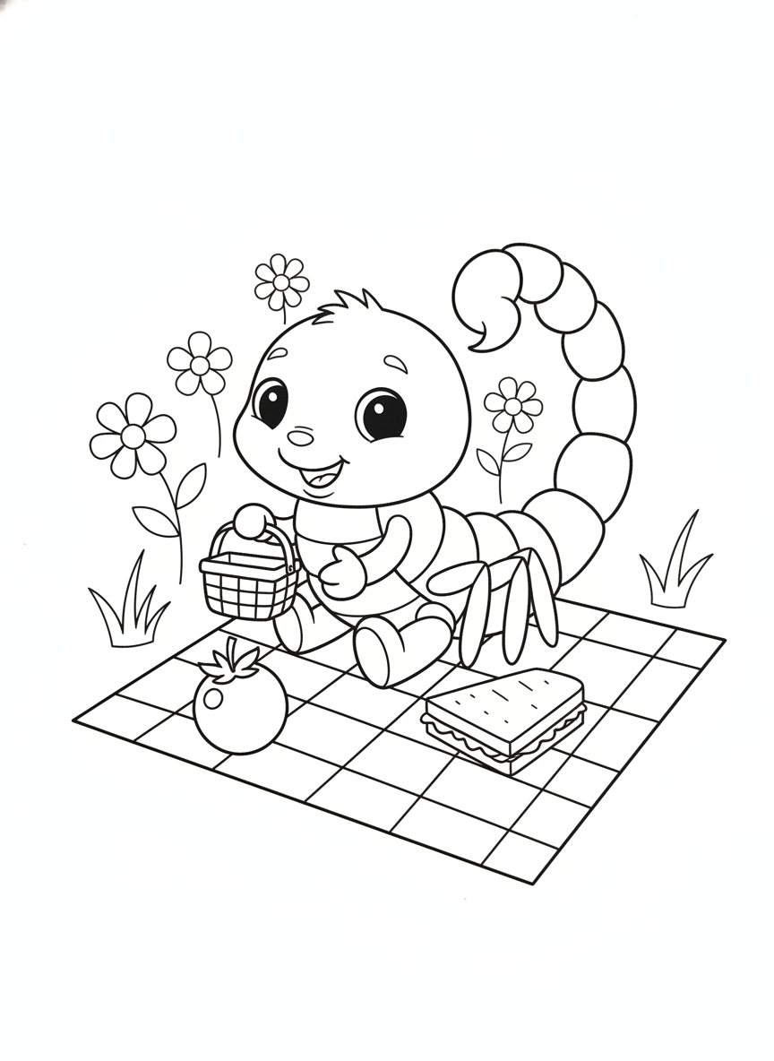 Cute Cartoon Scorpion Picnic Coloring Page for Kids
