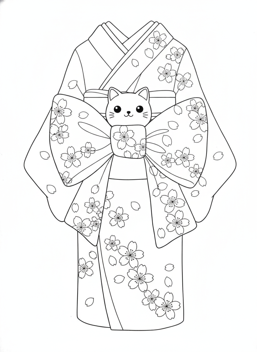 Cute Cat and Cherry Blossom Kimono Obi Coloring Page