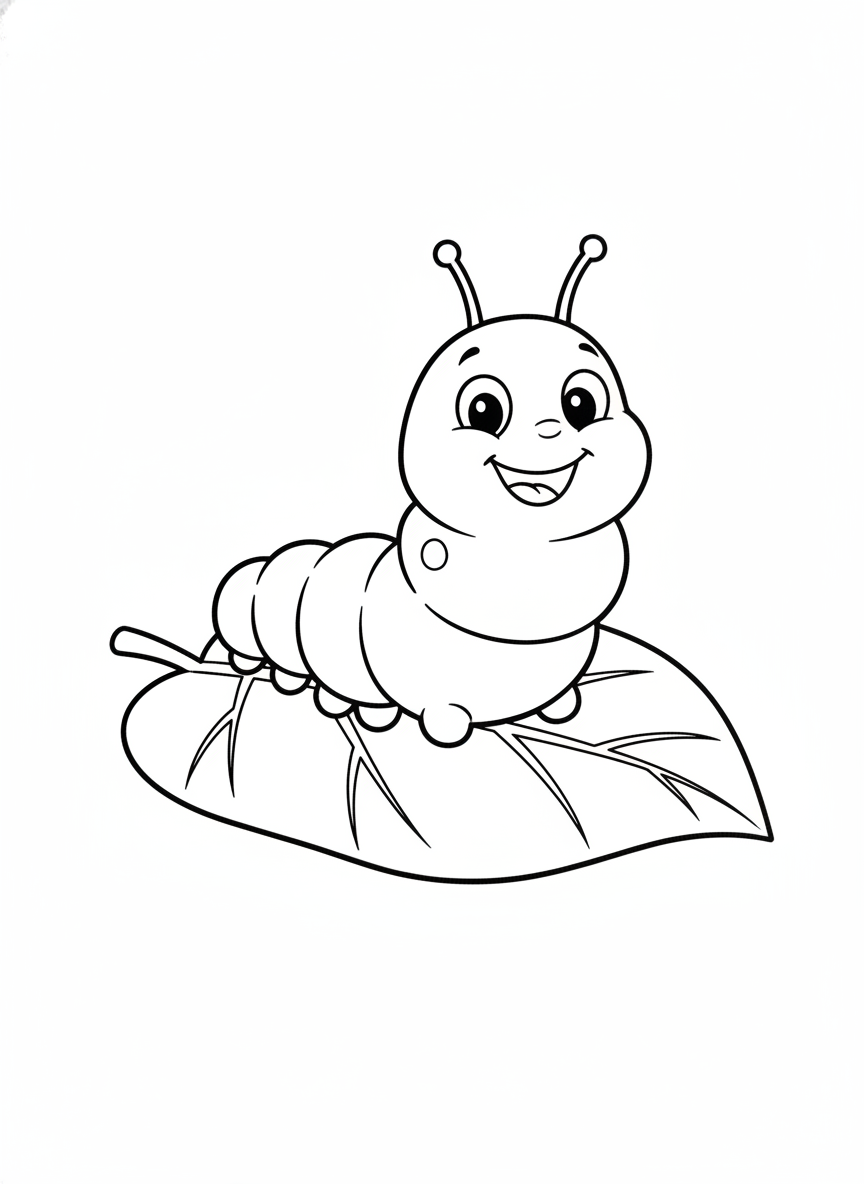 Cute Caterpillar on a Leaf - Easy Coloring Page for Kids