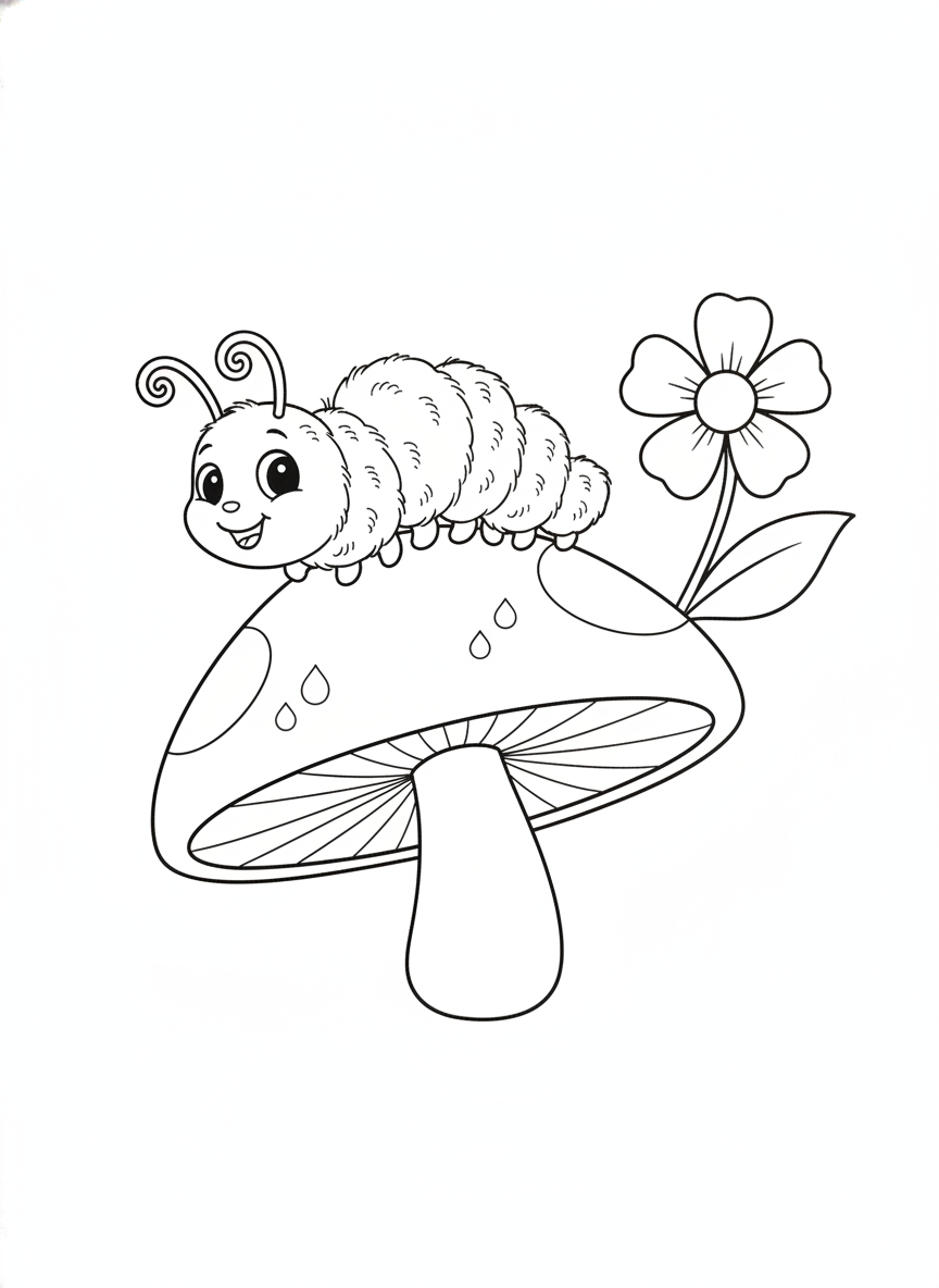 Cute Caterpillar on Whimsical Mushroom: Kids Coloring Page