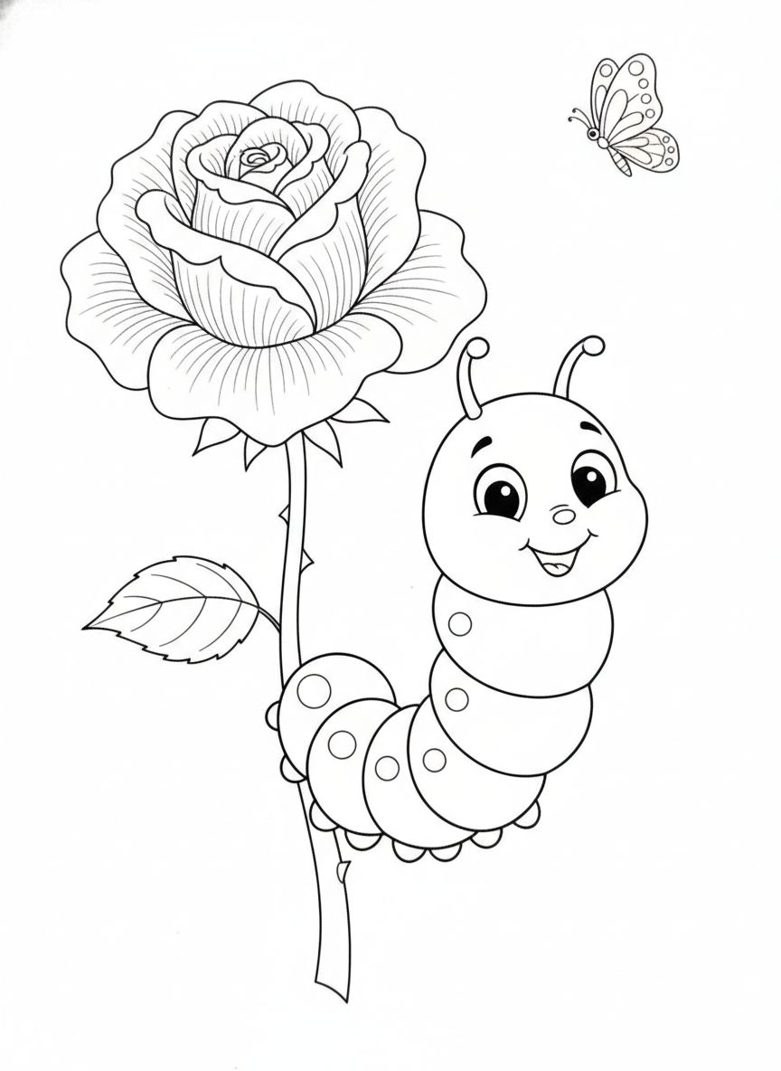 Cute Caterpillar & Rose Garden Coloring Page for Kids