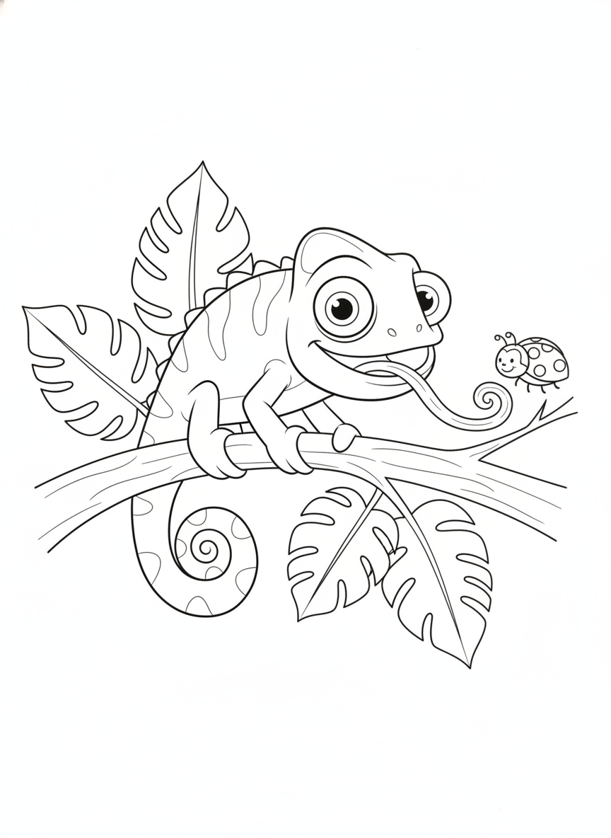 Cute Chameleon & Friendly Ladybug Coloring Page for Kids