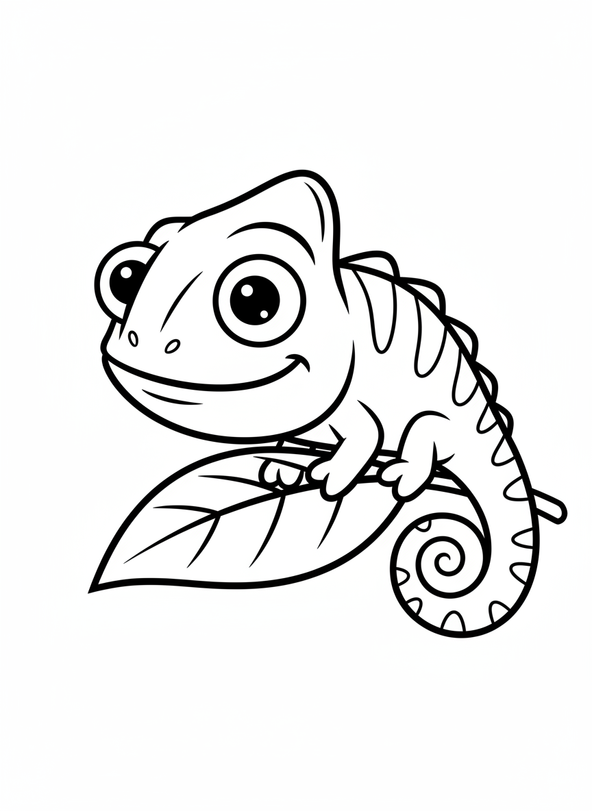 Cute Chameleon on a Leaf Coloring Page