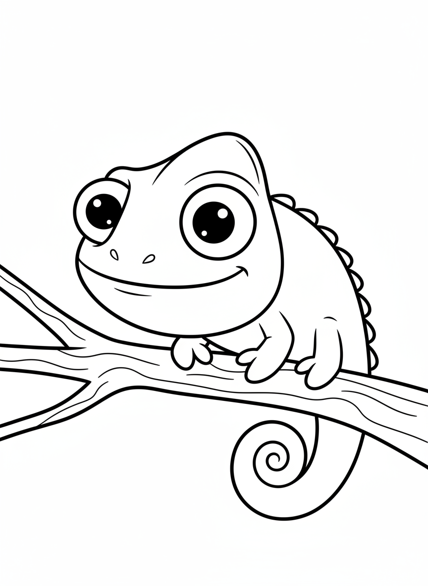 Cute Chameleon on Branch Coloring Page