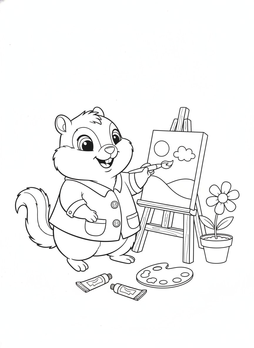 Cute Chipmunk Artist Coloring Page for Kids