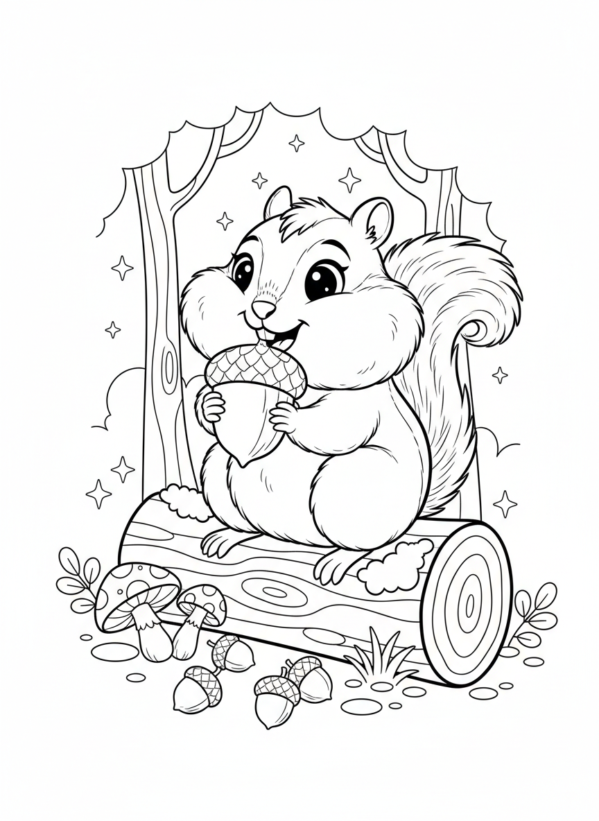 Cute Chipmunk with Acorn Coloring Page