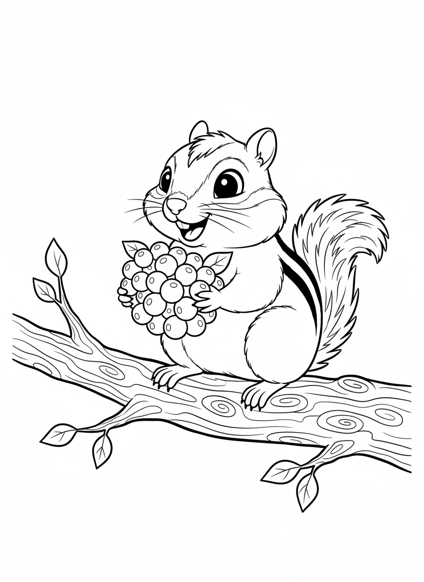 Cute Chipmunk with Berries Coloring Page