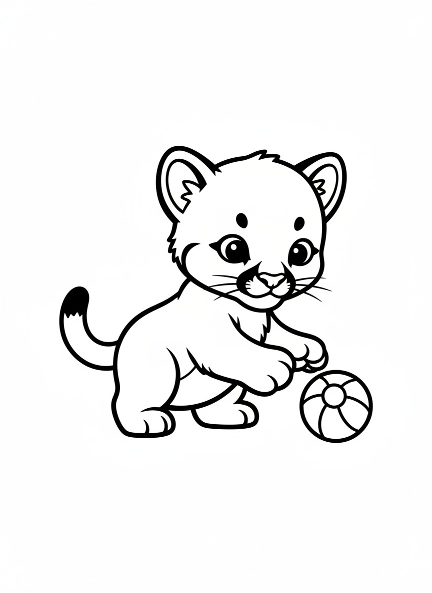 Cute Cougar Cub Playing with Ball Coloring Page