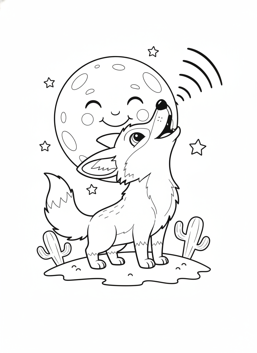 Cute Coyote Howling at the Moon Coloring Page for Kids