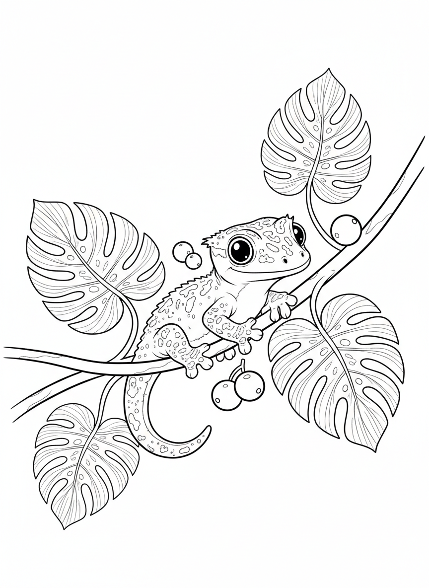 Cute Crested Gecko on Jungle Vine Coloring Page