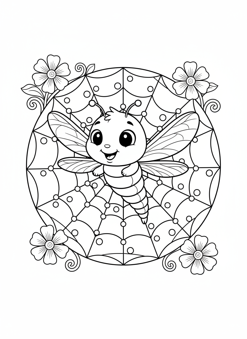Cute Dragonfly on Dewy Spiderweb Coloring Page