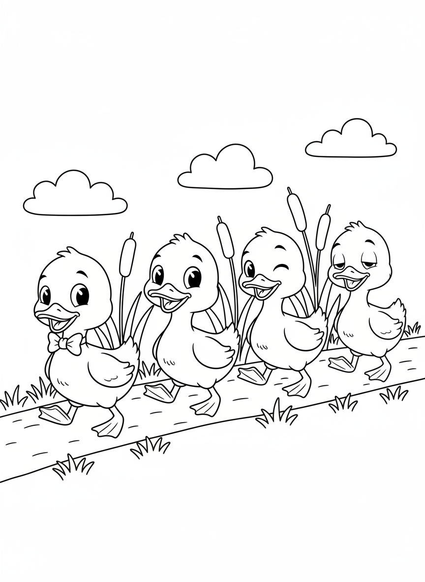 Cute Ducklings on a Grassy Path Coloring Page