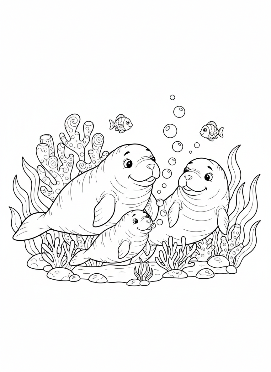Cute Dugong Family in Coral Reef Coloring Page