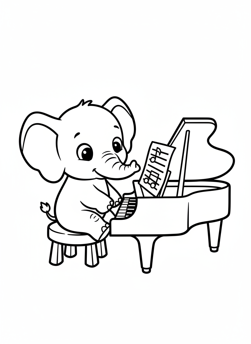 Cute Elephant Calf Piano Player Coloring Page
