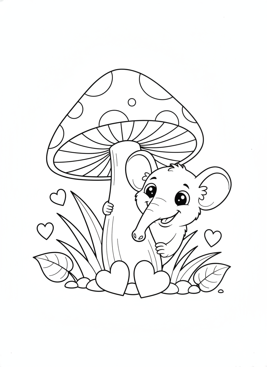 Cute Elephant Shrew Peeking from Whimsical Mushroom Coloring Page for Kids