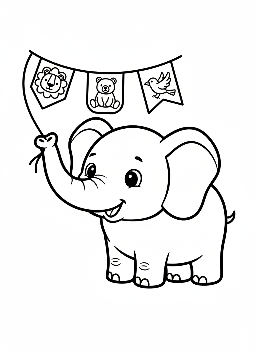 Cute Elephant with Animal Pennant Flags Coloring Page