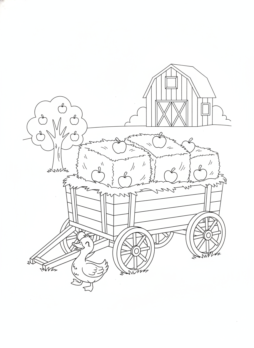 Cute Farm Hay Wagon in Apple Orchard Coloring Page for Kids