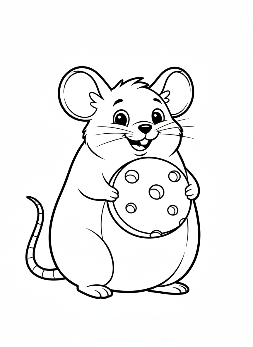 Cute Farm Mouse with Cheese Coloring Page