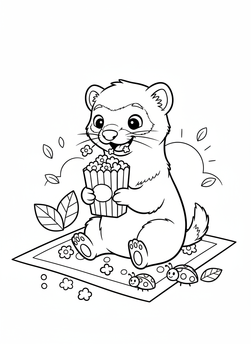 Cute Ferret Popcorn Picnic Coloring Page