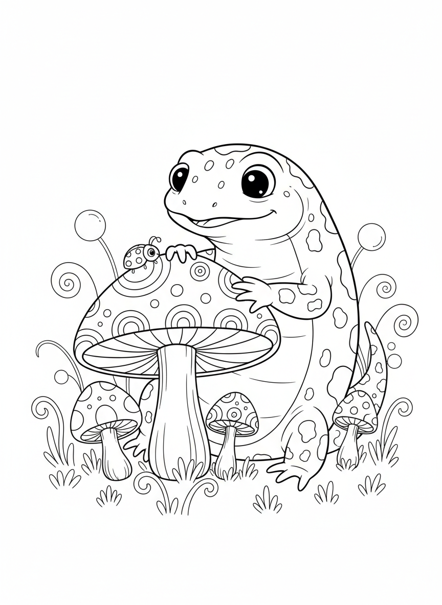 Cute Fire Salamander in Mushroom Forest