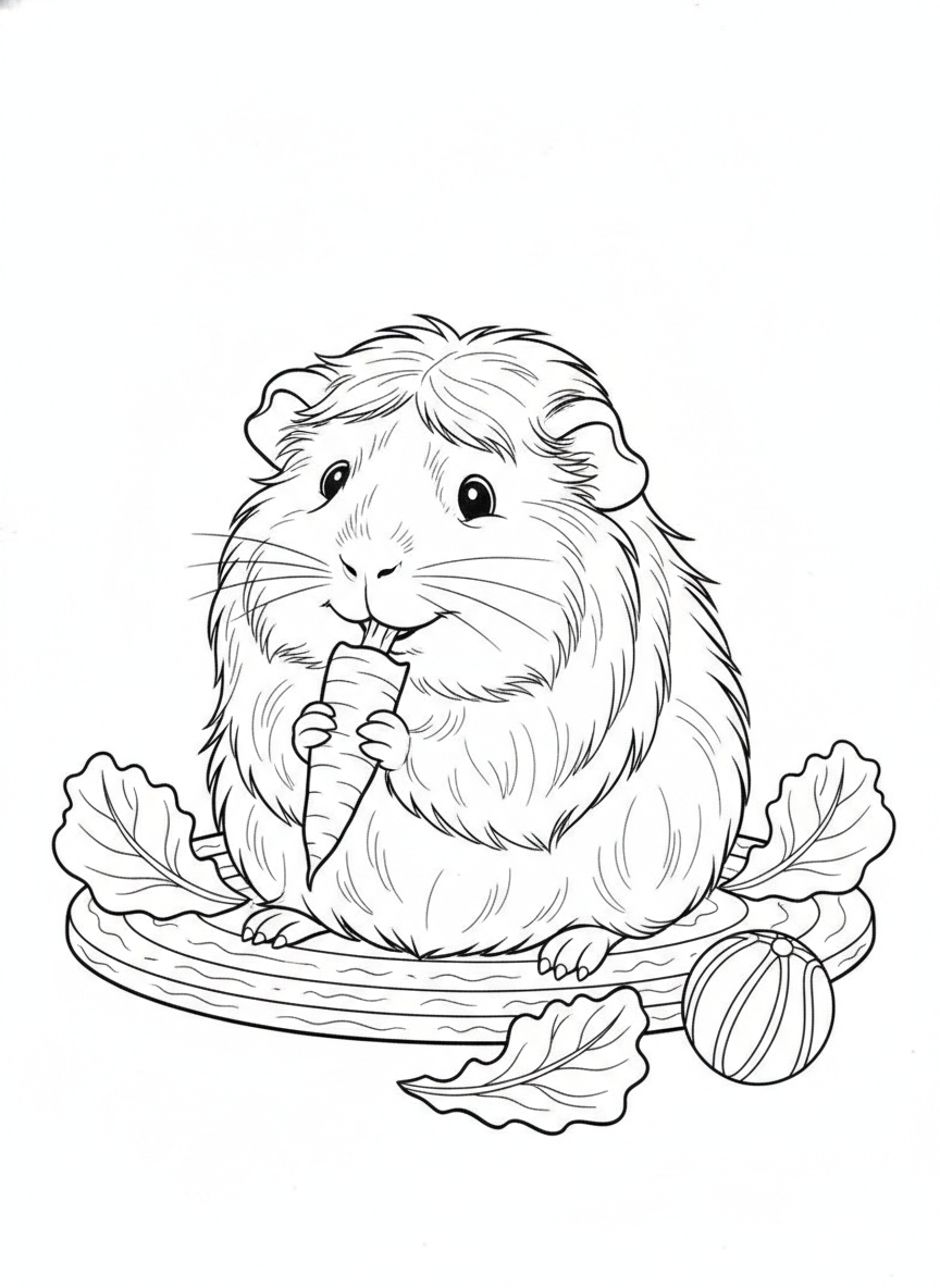 Cute Fluffy Guinea Pig Nibbling Carrot Coloring Page