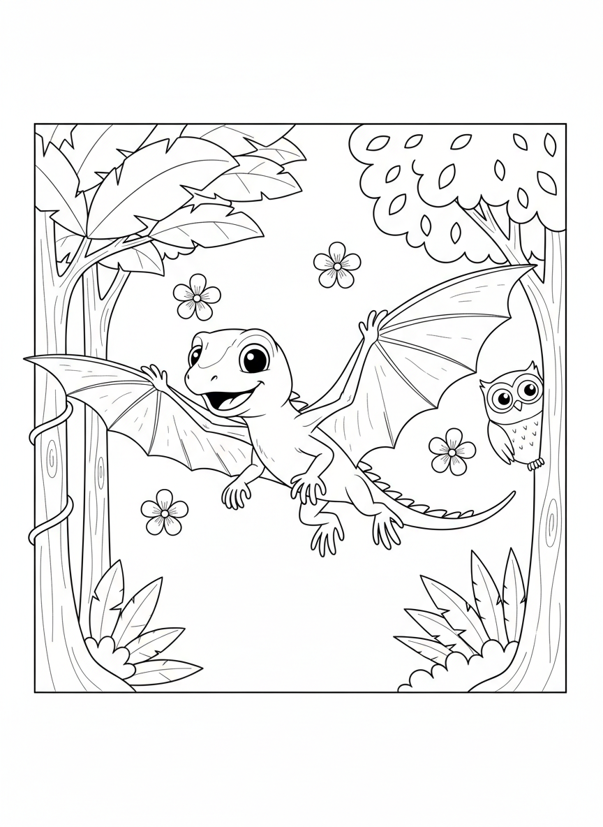 Cute Flying Lizard & Jungle Trees Coloring Page