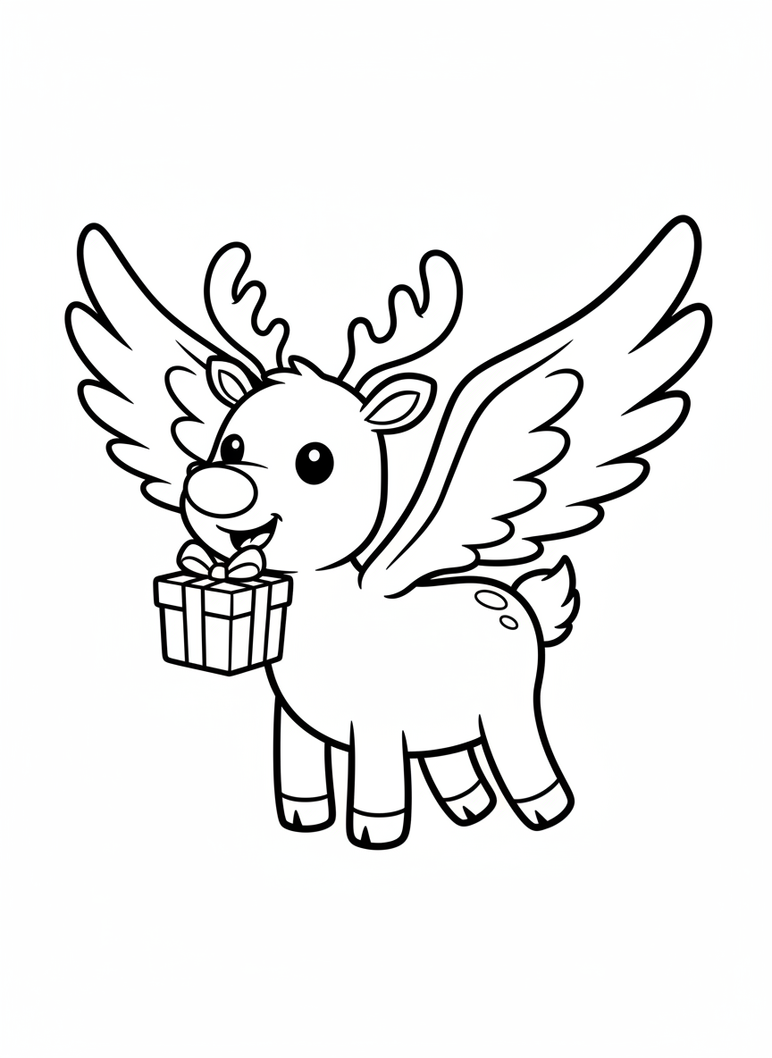 Cute Flying Reindeer with Gift Coloring Page