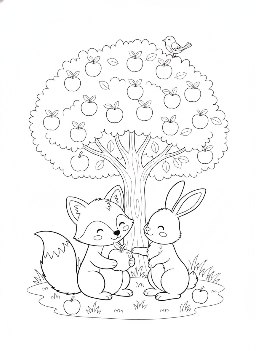 Cute Fox and Friendly Rabbit Sharing an Apple in an Orchard Coloring Page