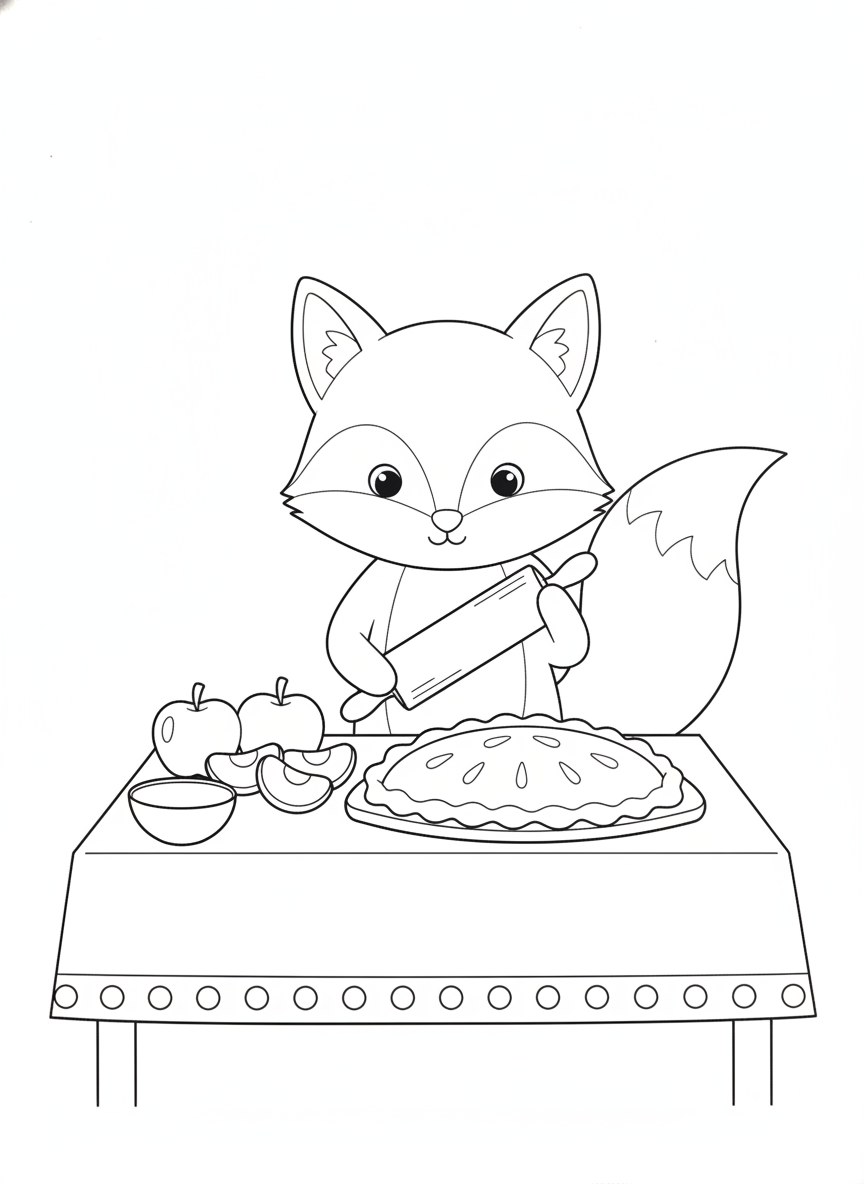 Cute Fox Baking Apple Pie Coloring Page for Kids