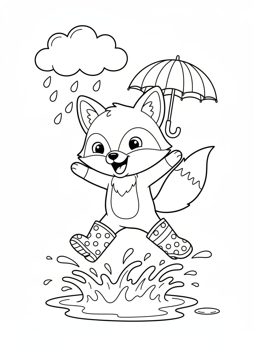 Cute Fox Jumping in Puddles Coloring Page