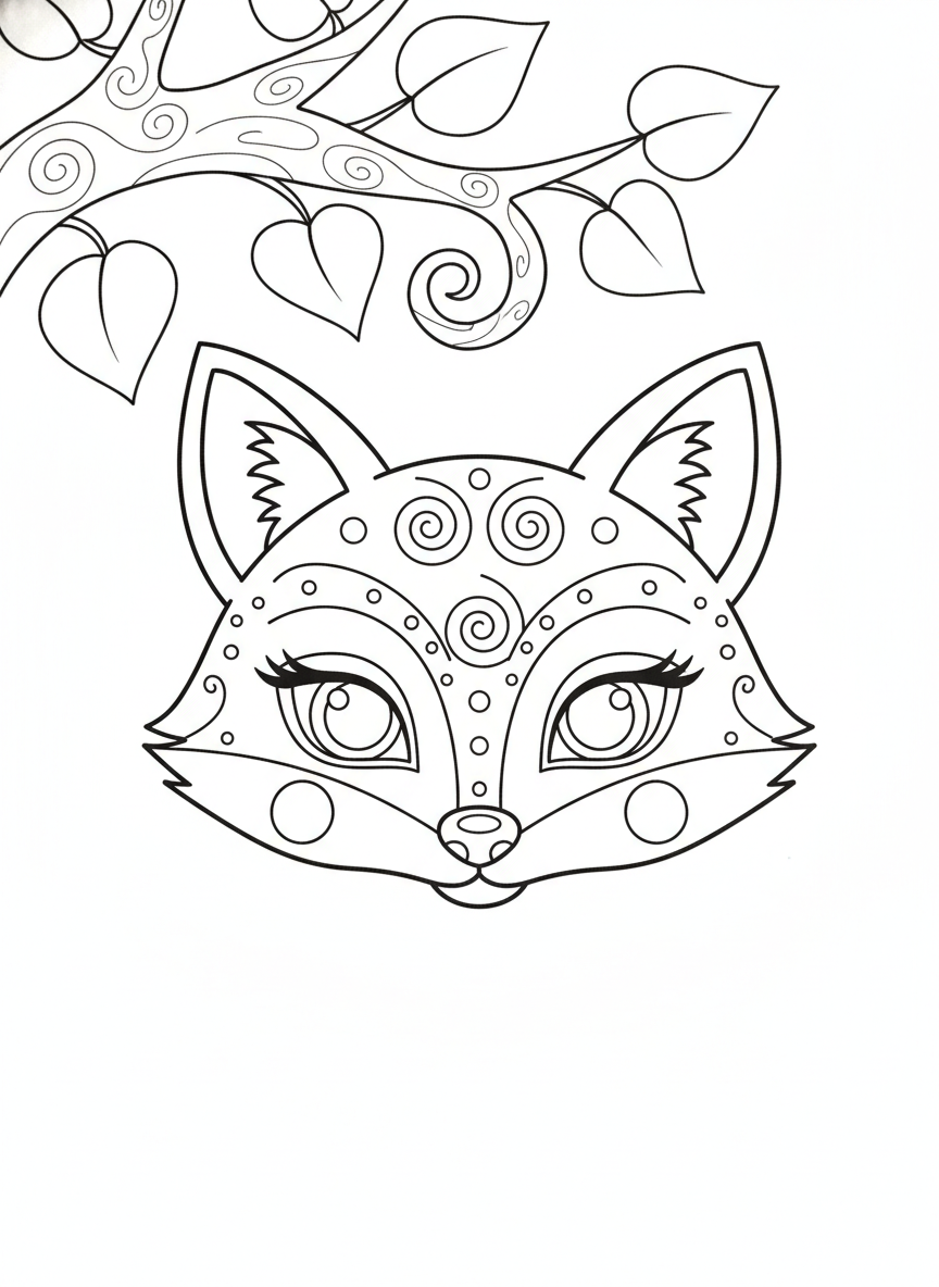 Cute Fox Mask on Branch Coloring Page for Kids