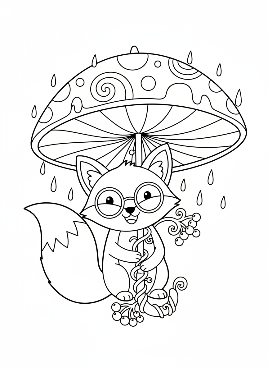 Cute Fox Under Umbrella Coloring Page for Kids