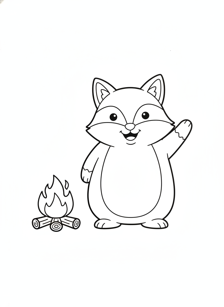 Cute Fox Waving by a Simple Campfire Coloring Page for Kids