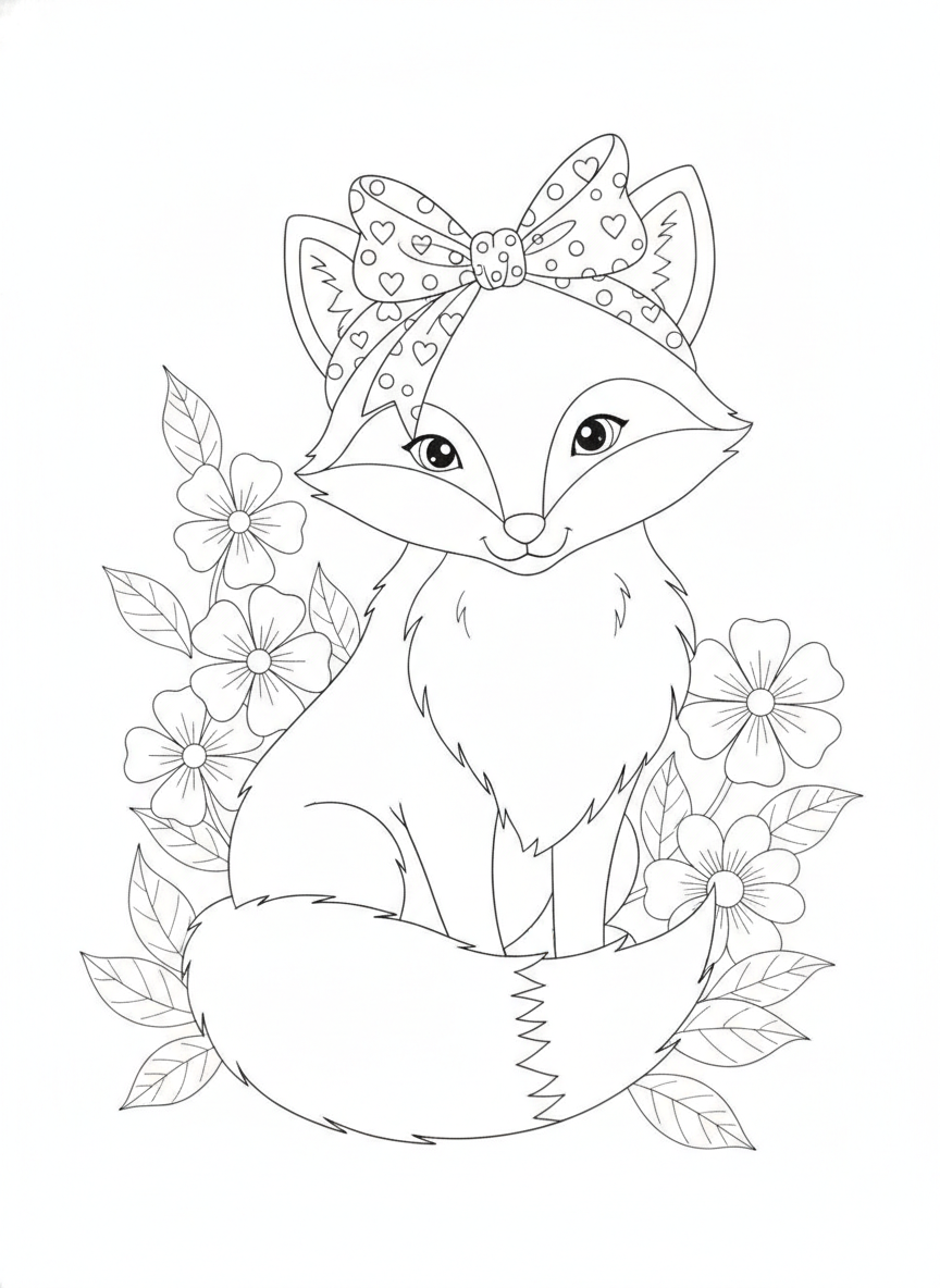 Cute Fox with Ribbon and Flowers Coloring Page