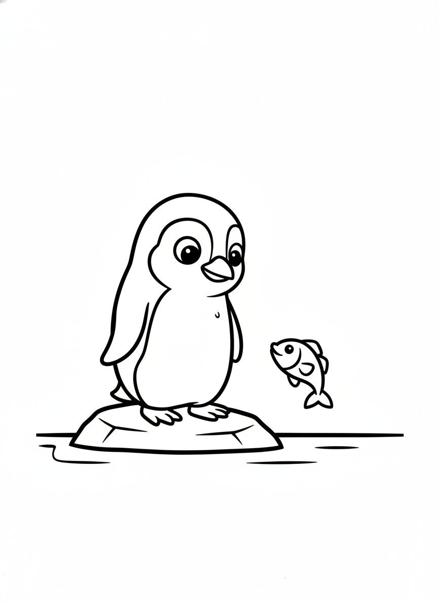 Cute Galapagos Penguin & Fish Coloring Page