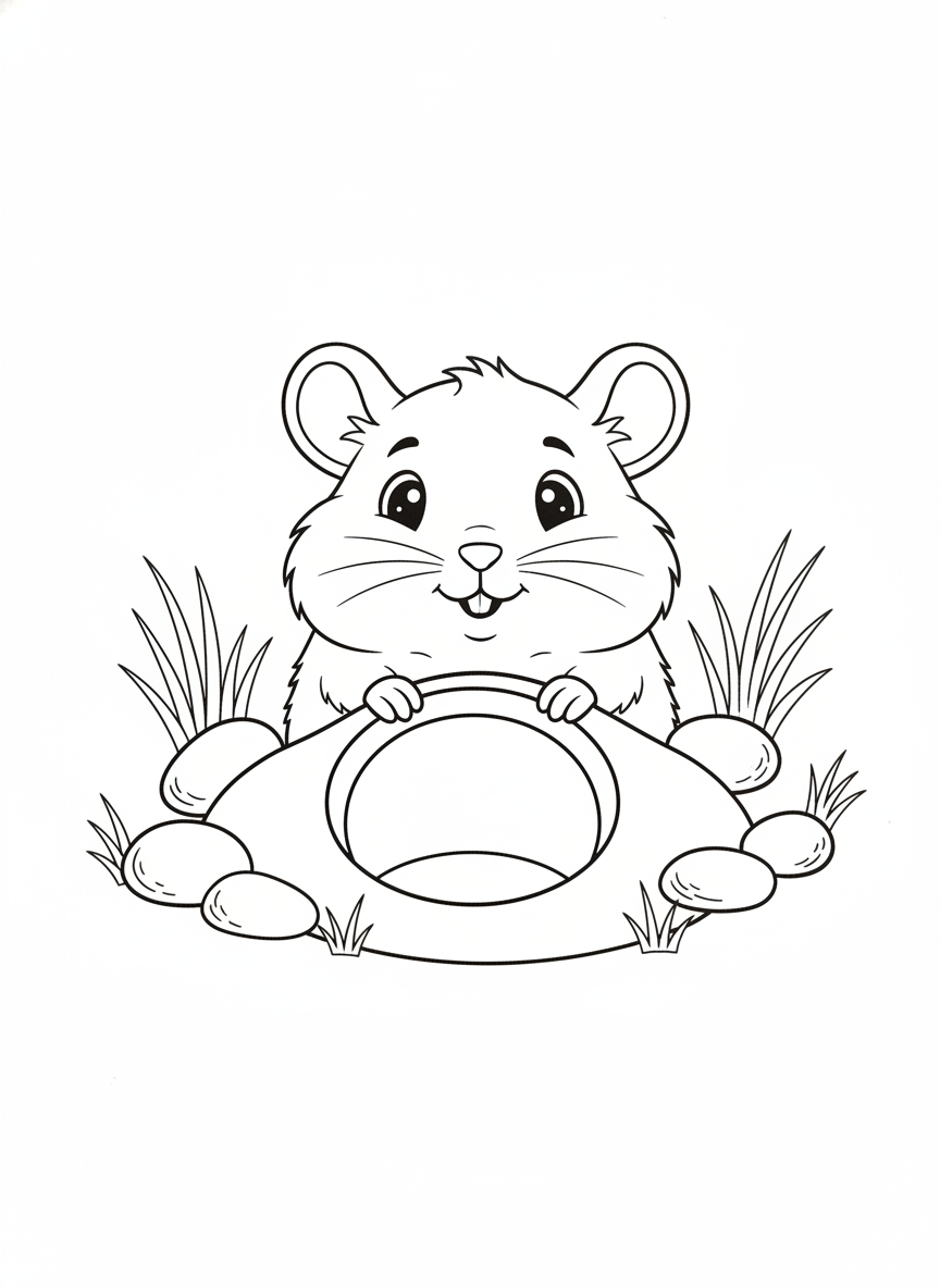 Cute Gerbil Peeking from Burrow Coloring Page for Kids