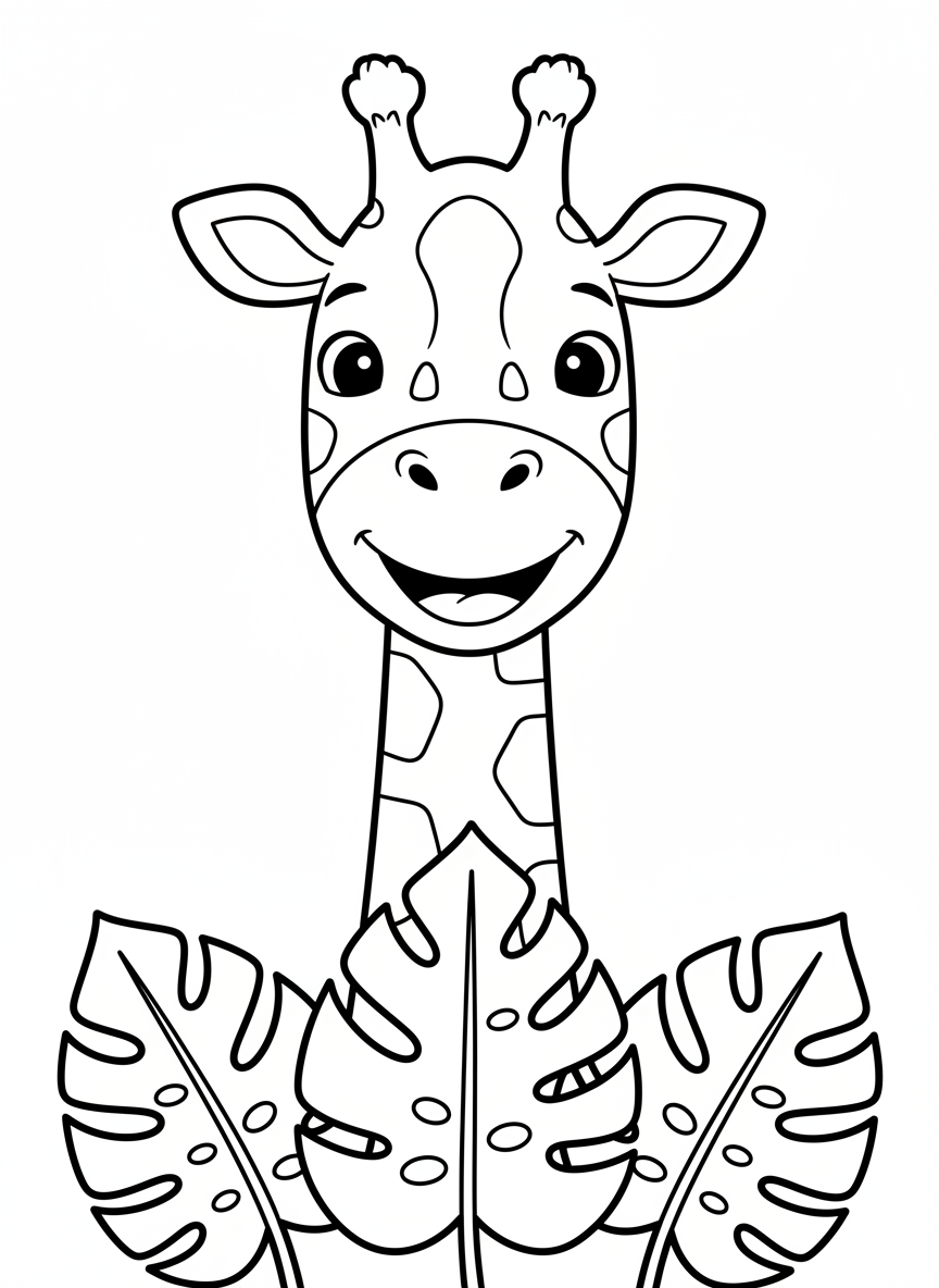 Cute Giraffe & Jungle Leaves Coloring Page for Kids