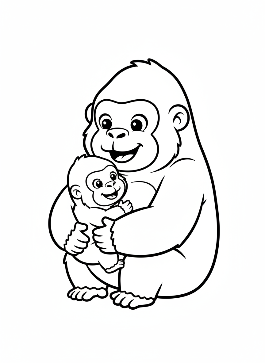 Cute Gorilla Mother and Baby Coloring Page