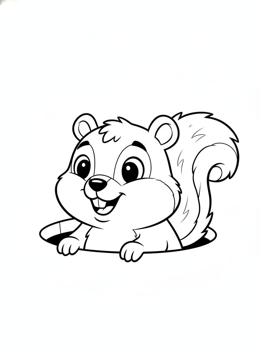 Cute Ground Squirrel Peeking from Burrow Kids Coloring Page